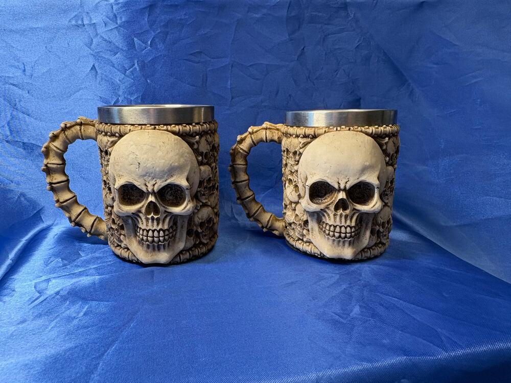 Medieval  Pair of Resin Skull and Bones Mug with Stainless Steel Cup